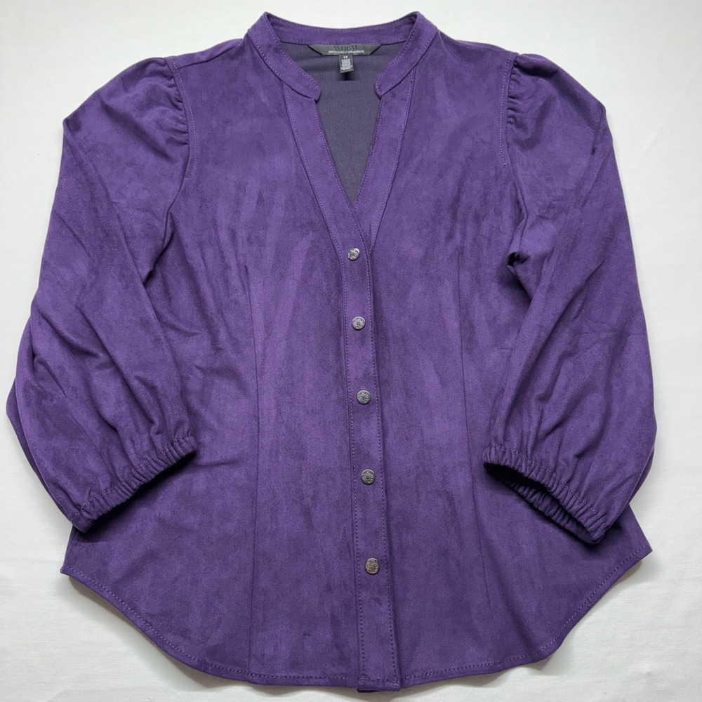 WHBM Faux Suede Top 12 Purple Blouse Snap Front Puff Sleeve Stretch Womens